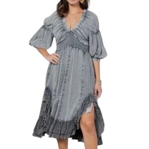 Smocked V-Neck Puff Sleeve Midi Dress in Gray